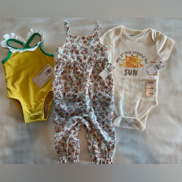 Old Navy Other - NWT - Floral Baby Romper/ Ivory Onesie w Logo/ Yellow Swimsuit - All are 3-6mths